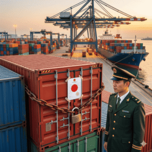 Guardia reteniendo contenedor en puerto de china